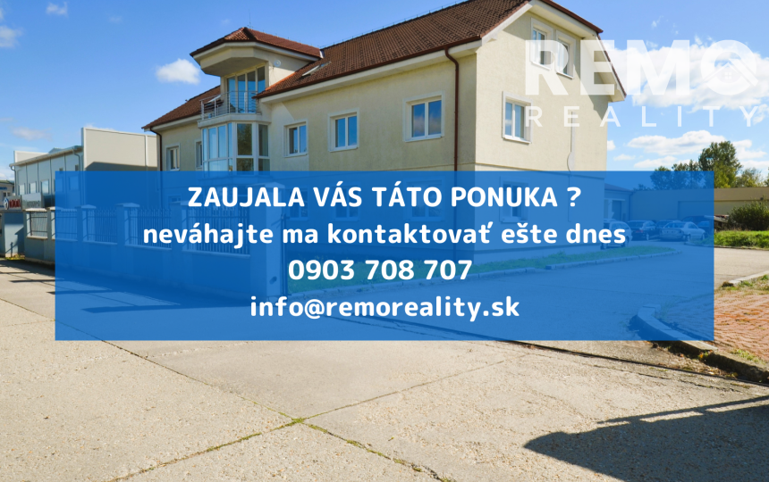 Vhodné ako sídlo firmy. Veľké parkovisko. Možnosť bývania.